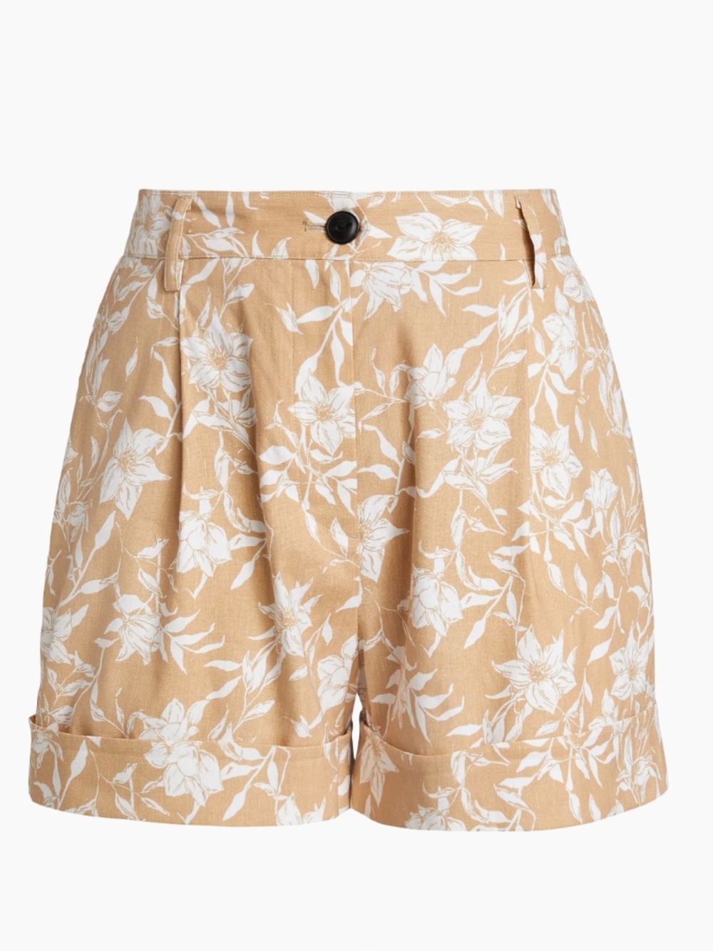 Rag & Bone Tan White Ivy Print Linen Blend Pleated Cuffed Shorts